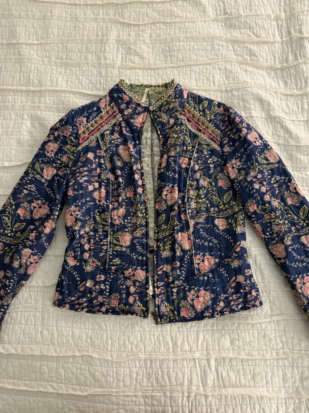 Free People Navy Floral Quilted Jacket with Pink Accents